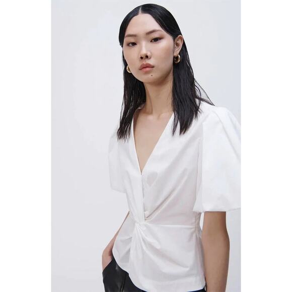 Nanette Lepore Twisted V-Neck Cotton Short Sleeve Blouse - Picture 1 of 7